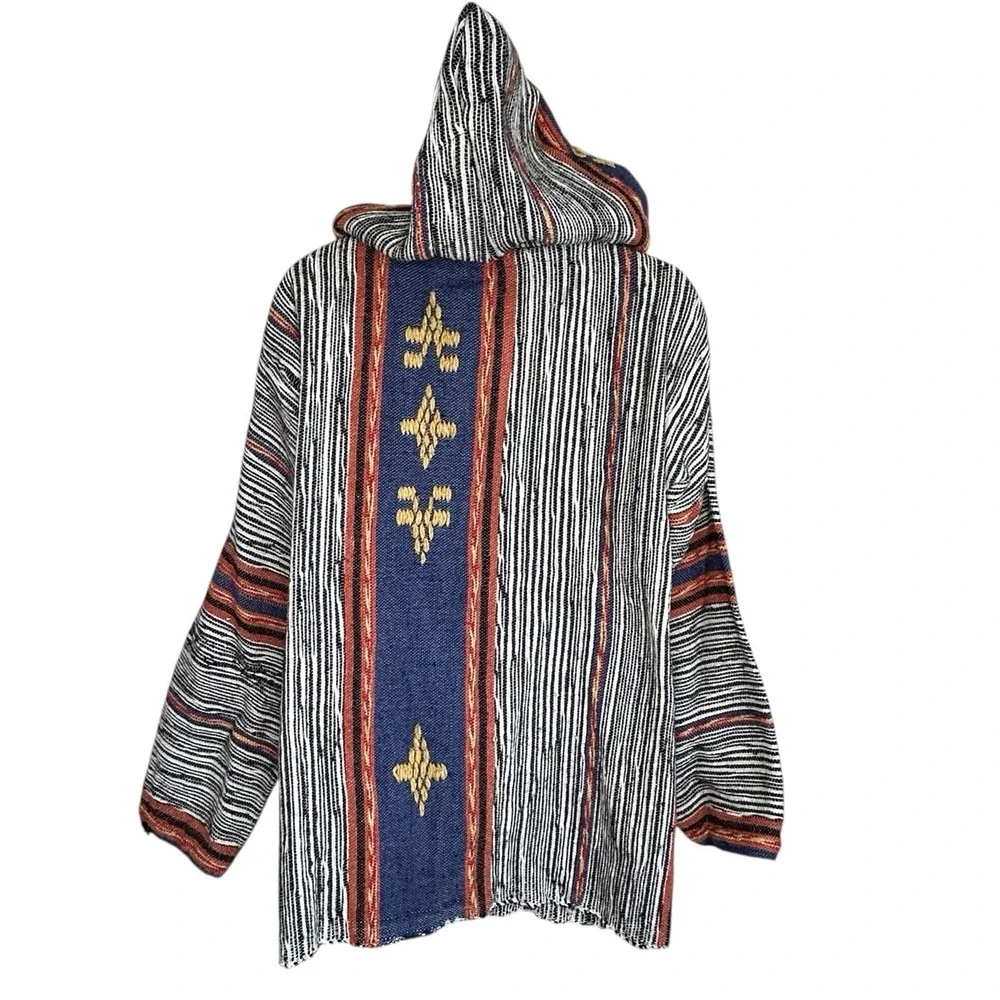Boho Baja Hoodie Mexican Blanket Toggle Jacket Medium Indie Festival Surf Stripe